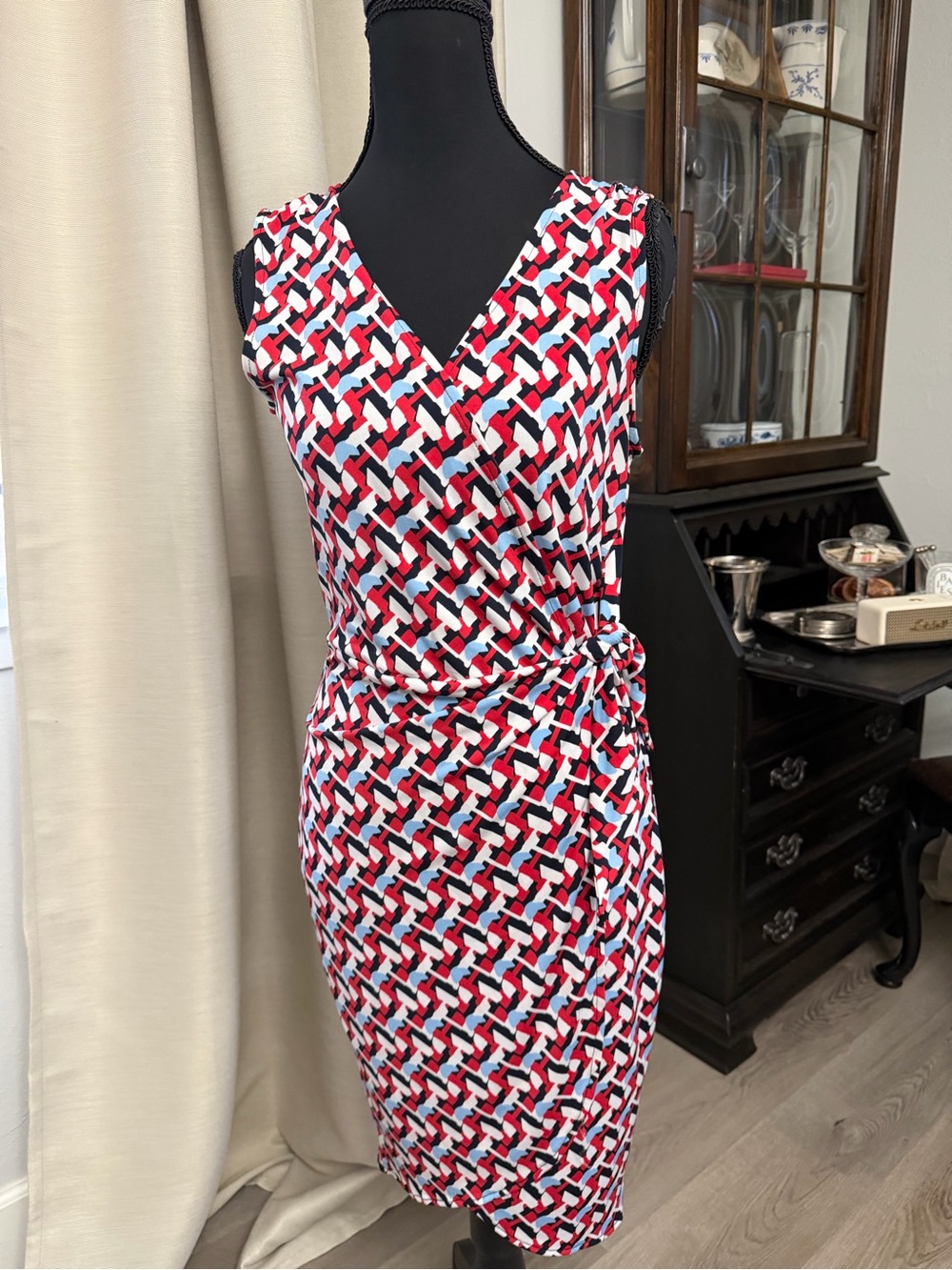 Banana Republic Sleeveless Faux-Wrap Geometric Midi Dress in Red, White & Blue